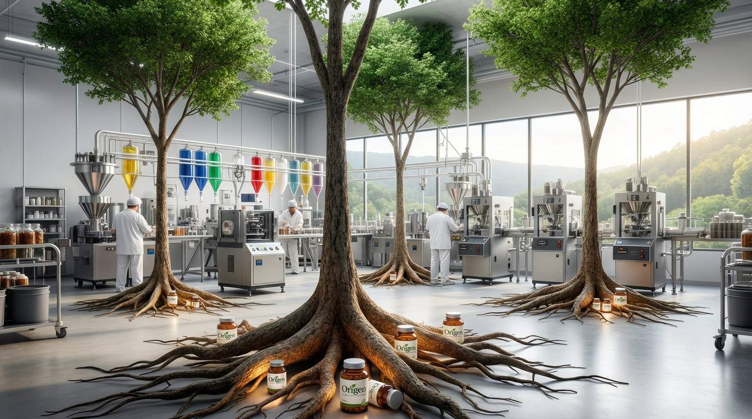 Trees with exposed root systems growing through pharmaceutical facility floor with Origen bottles